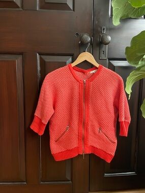 CAbi Zip up red and white knit cardigan
